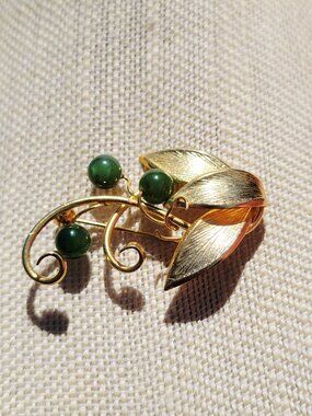 Gold Tone Leaf Brooch Green Bead Dangle Vintage Style Floral Pin